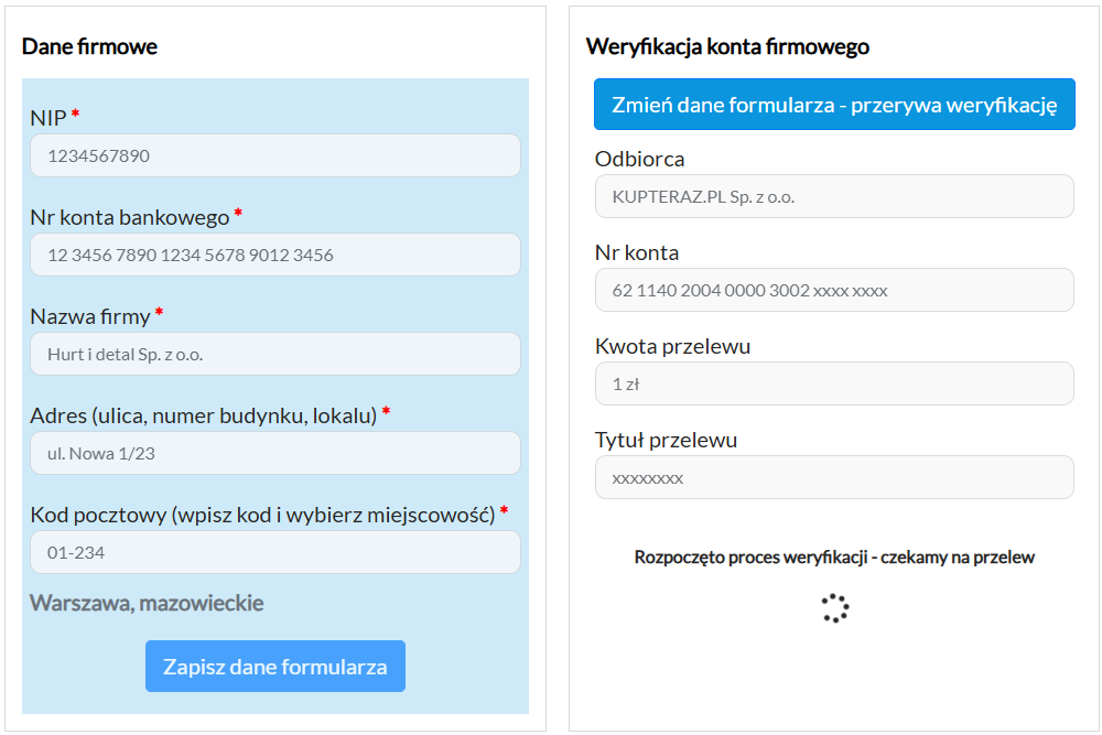 weryfikacja - dane do przelewu