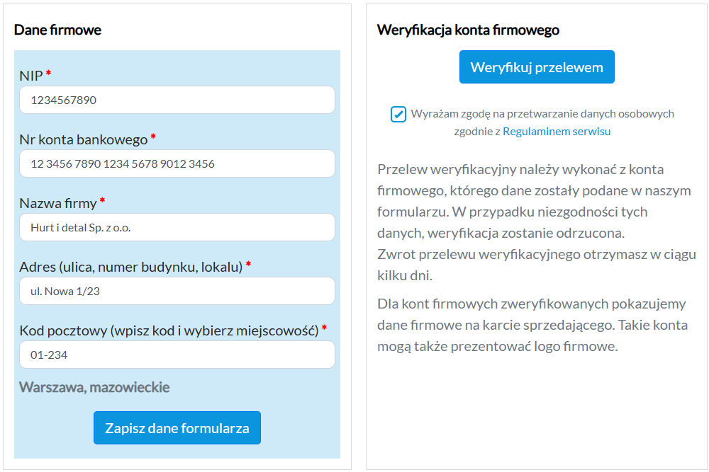 weryfikacja - dane konta firmowego
